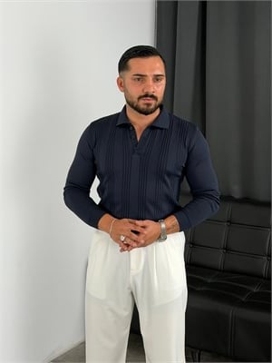 Düğmeli Polo Yaka Şeritli Triko Sweatshirt Lacivert