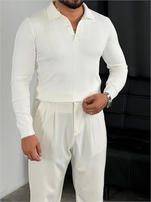 Düğmeli Polo Yaka Şeritli Triko Sweatshirt Beyaz