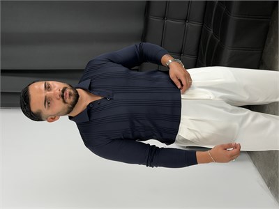 Düğmeli Polo Yaka Şeritli Triko Sweatshirt Lacivert