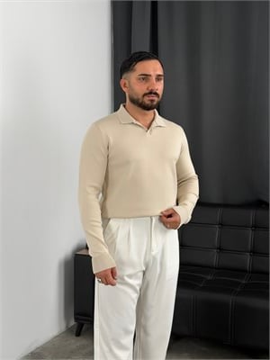 Elmas %100 Triko Polo Yaka Sweatshirt Bej