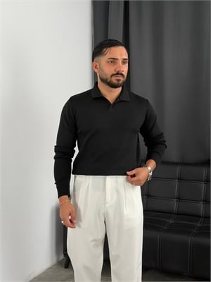 Elmas %100 Triko Polo Yaka Sweatshirt Siyah