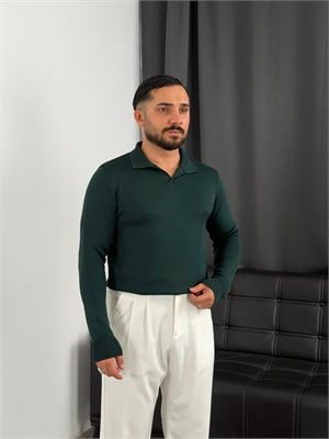 Elmas %100 Triko Polo Yaka Sweatshirt Zümrüt Yeşili