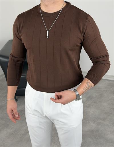 ELMAS KUMAŞ ÇİZGİLİ TRİKO SWEATSHİRT ACI KAHVE