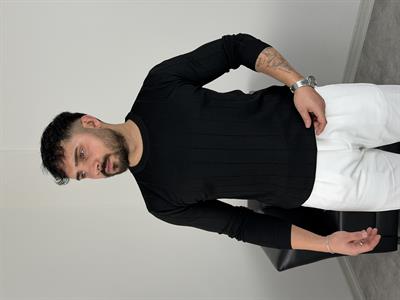 ELMAS KUMAŞ ÇİZGİLİ TRİKO SWEATSHİRT SİYAH