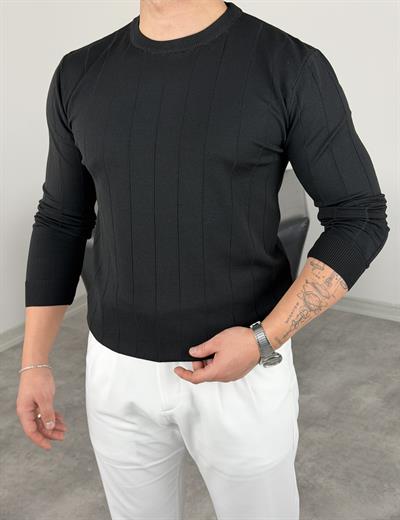ELMAS KUMAŞ ÇİZGİLİ TRİKO SWEATSHİRT SİYAH