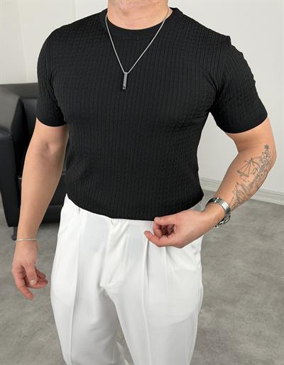 ELMAS TRİKO HALAT DESEN BİSİKLET YAKA TİŞÖRT SİYAH