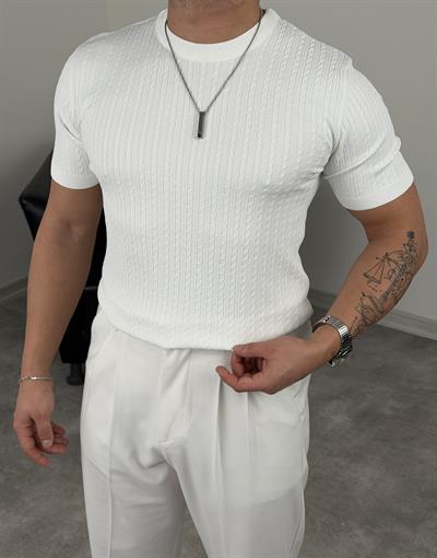 ELMAS TRİKO HALAT DESEN BİSİKLET YAKA TİŞÖRT BEYAZ