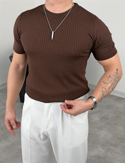 ELMAS TRİKO HALAT DESEN BİSİKLET YAKA TİŞÖRT ACI KAHVE