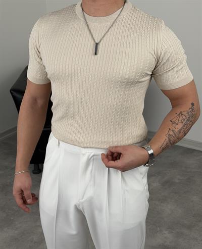 ELMAS TRİKO HALAT DESEN BİSİKLET YAKA TİŞÖRT BEJ