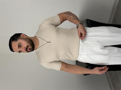 ELMAS TRİKO HALAT DESEN BİSİKLET YAKA TİŞÖRT BEJ