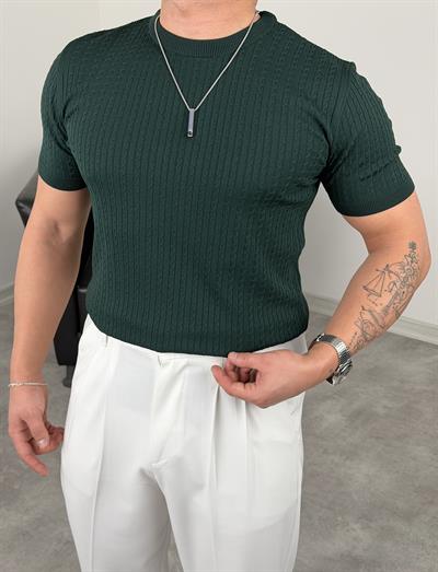 ELMAS TRİKO HALAT DESEN BİSİKLET YAKA TİŞÖRT ZÜMRÜT YEŞİLİ