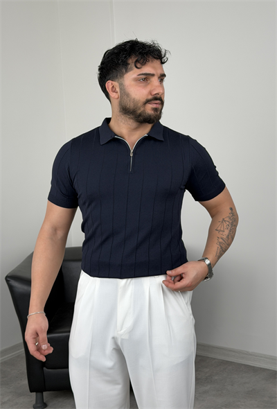 ELMAS TRİKO YARIM FERMUAR FİTİLLİ TİŞÖRT LACİVERT