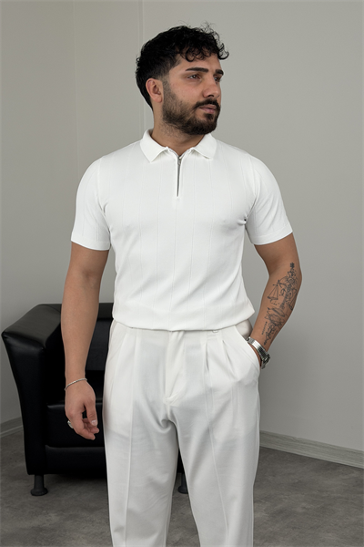 ELMAS TRİKO YARIM FERMUAR FİTİLLİ TİŞÖRT BEYAZ