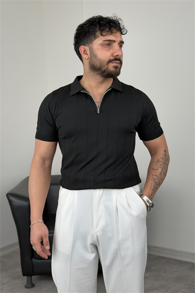 ELMAS TRİKO YARIM FERMUAR FİTİLLİ TİŞÖRT SİYAH