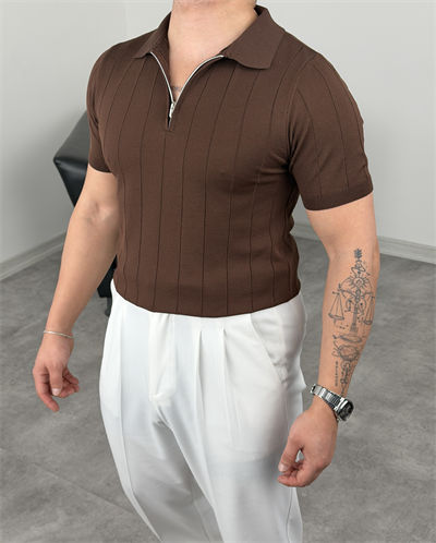 ELMAS TRİKO YARIM FERMUAR FİTİLLİ TİŞÖRT ACI KAHVE