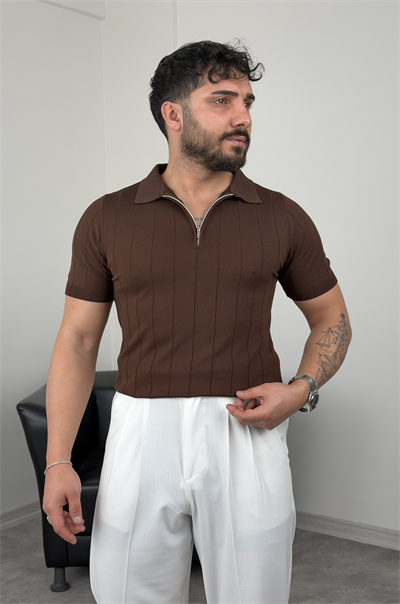 ELMAS TRİKO YARIM FERMUAR FİTİLLİ TİŞÖRT ACI KAHVE