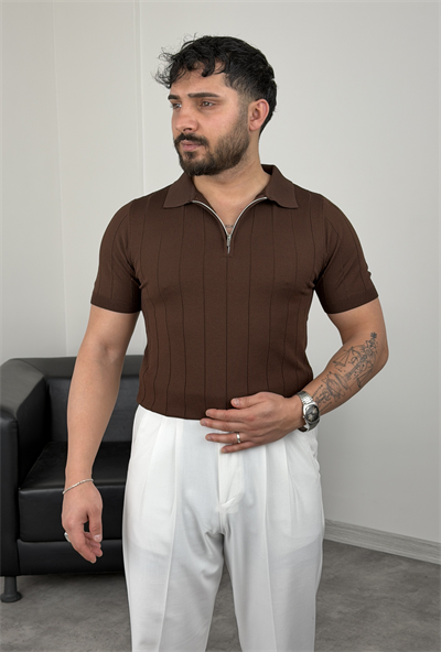 ELMAS TRİKO YARIM FERMUAR FİTİLLİ TİŞÖRT ACI KAHVE