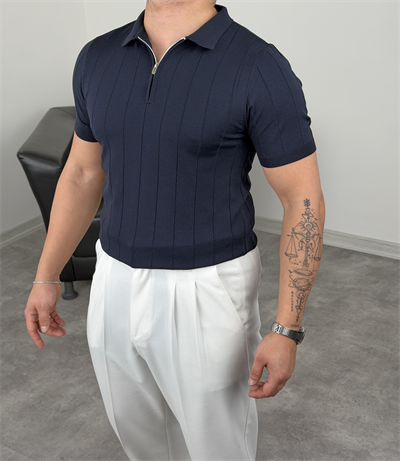 ELMAS TRİKO YARIM FERMUAR FİTİLLİ TİŞÖRT LACİVERT