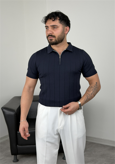 ELMAS TRİKO YARIM FERMUAR FİTİLLİ TİŞÖRT LACİVERT