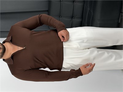 Elmas Triko Yarım Fermuar Polo Yaka Sweatshirt Acı kahve