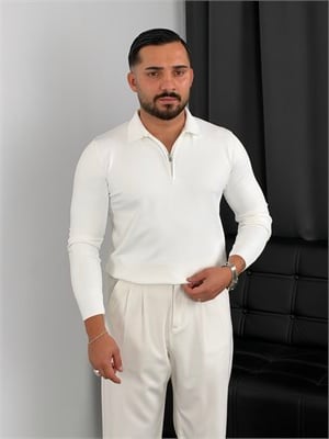 Elmas Triko Yarım Fermuar Polo Yaka Sweatshirt Beyaz