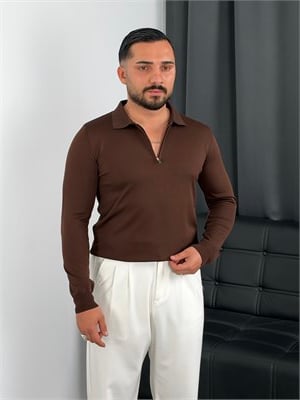 Elmas Triko Yarım Fermuar Polo Yaka Sweatshirt Acı kahve