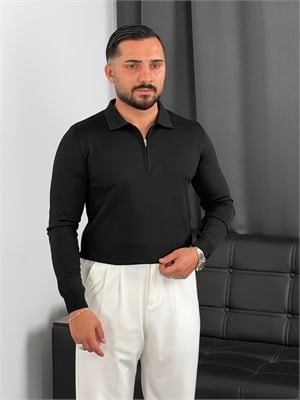 Elmas Triko Yarım Fermuar Polo Yaka Sweatshirt Siyah