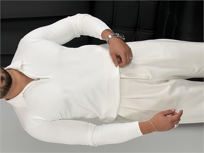 Elmas Triko Yarım Fermuar Polo Yaka Sweatshirt Beyaz