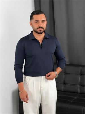 Elmas Triko Yarım Fermuar Polo Yaka Sweatshirt Lacivert