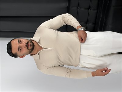 Elmas Triko Yarım Fermuar Polo Yaka Sweatshirt Bej
