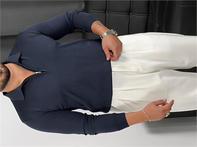 Elmas Triko Yarım Fermuar Polo Yaka Sweatshirt Lacivert