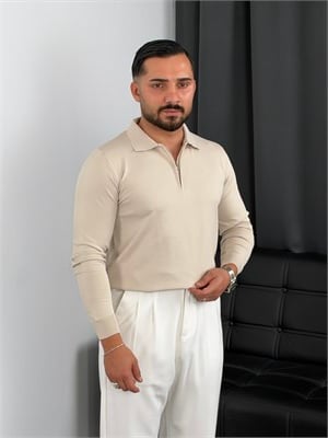 Elmas Triko Yarım Fermuar Polo Yaka Sweatshirt Bej
