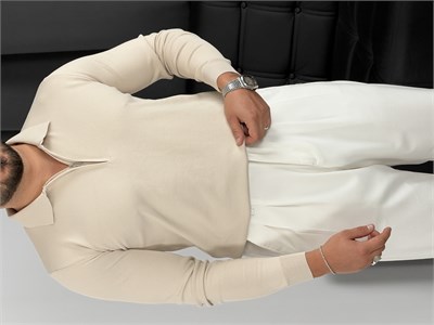 Elmas Triko Yarım Fermuar Polo Yaka Sweatshirt Bej