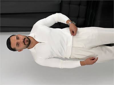 Elmas Triko Yarım Fermuar Polo Yaka Sweatshirt Beyaz