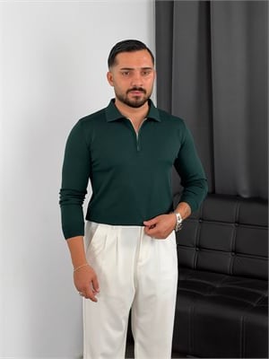 Elmas Triko Yarım Fermuar Polo Yaka Sweatshirt Zümrüt Yeşili