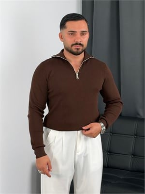 Elmas Triko Yarım Fermuar Sweatshirt Acı Kahve