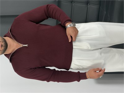 Elmas Triko Yarım Fermuar Sweatshirt Bordo