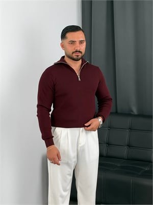 Elmas Triko Yarım Fermuar Sweatshirt Bordo