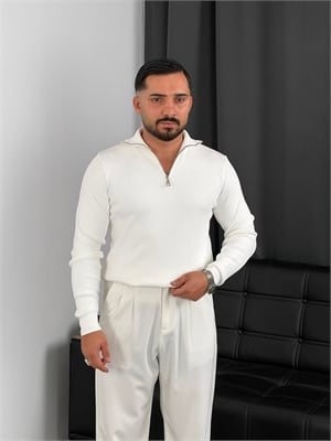 Elmas Triko Yarım Fermuar Sweatshirt Beyaz