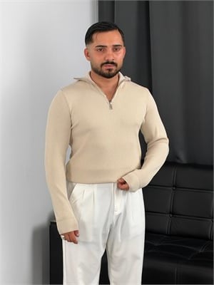 Elmas Triko Yarım Fermuar Sweatshirt Bej
