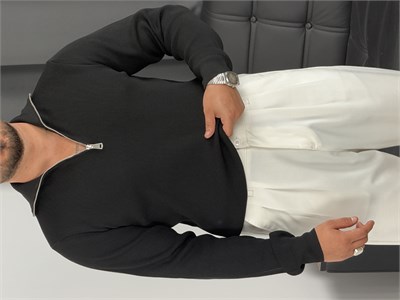 Elmas Triko Yarım Fermuar Sweatshirt Siyah
