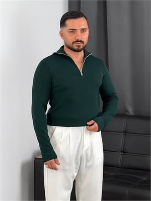 Elmas Triko Yarım Fermuar Sweatshirt Zümrüt Yeşili
