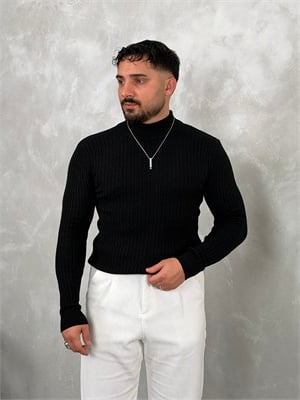 Fitilli Balıkçı Yaka Triko Sweatshirt Siyah