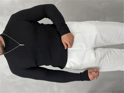 Fitilli Balıkçı Yaka Triko Sweatshirt Siyah