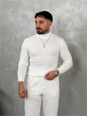 Fitilli Balıkçı Yaka Triko Sweatshirt Beyaz