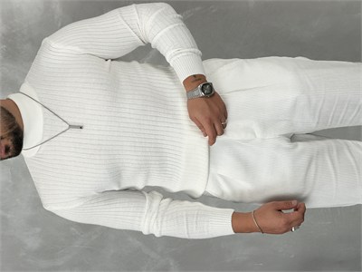 Fitilli Balıkçı Yaka Triko Sweatshirt Beyaz