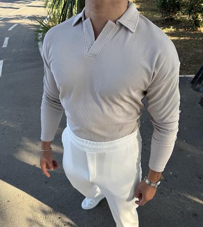 FİTİLLİ POLO YAKA SWEATSHİRT GRİ