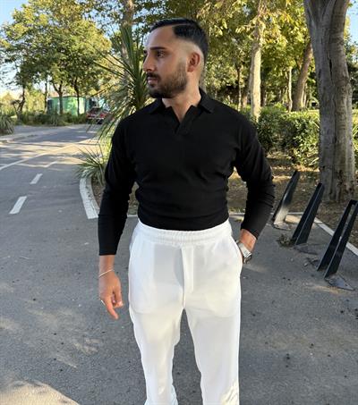 FİTİLLİ POLO YAKA SWEATSHİRT SİYAH