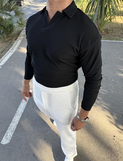 FİTİLLİ POLO YAKA SWEATSHİRT SİYAH