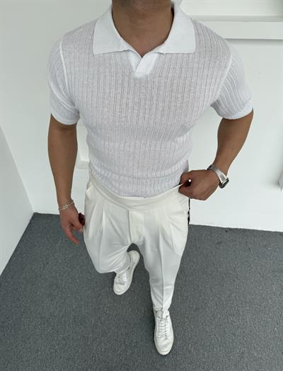 Fitilli Triko Polo Yaka Beyaz